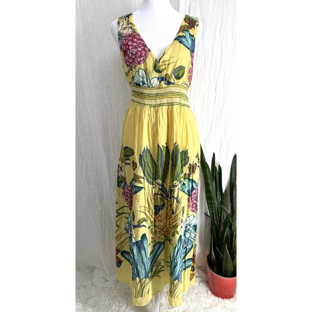 Vtg 90s Floral Cotton Maxi Dress L Botanical Summer Vacation Wedding Guest Boho